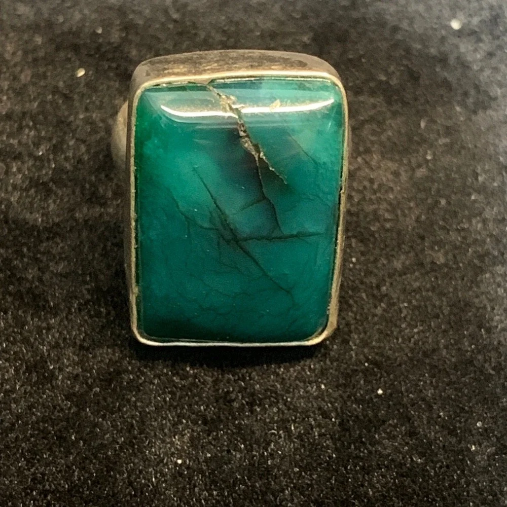 Vintage Artisan Sterling Silver Aqua Green Stone Statement Ring 925 Size 6